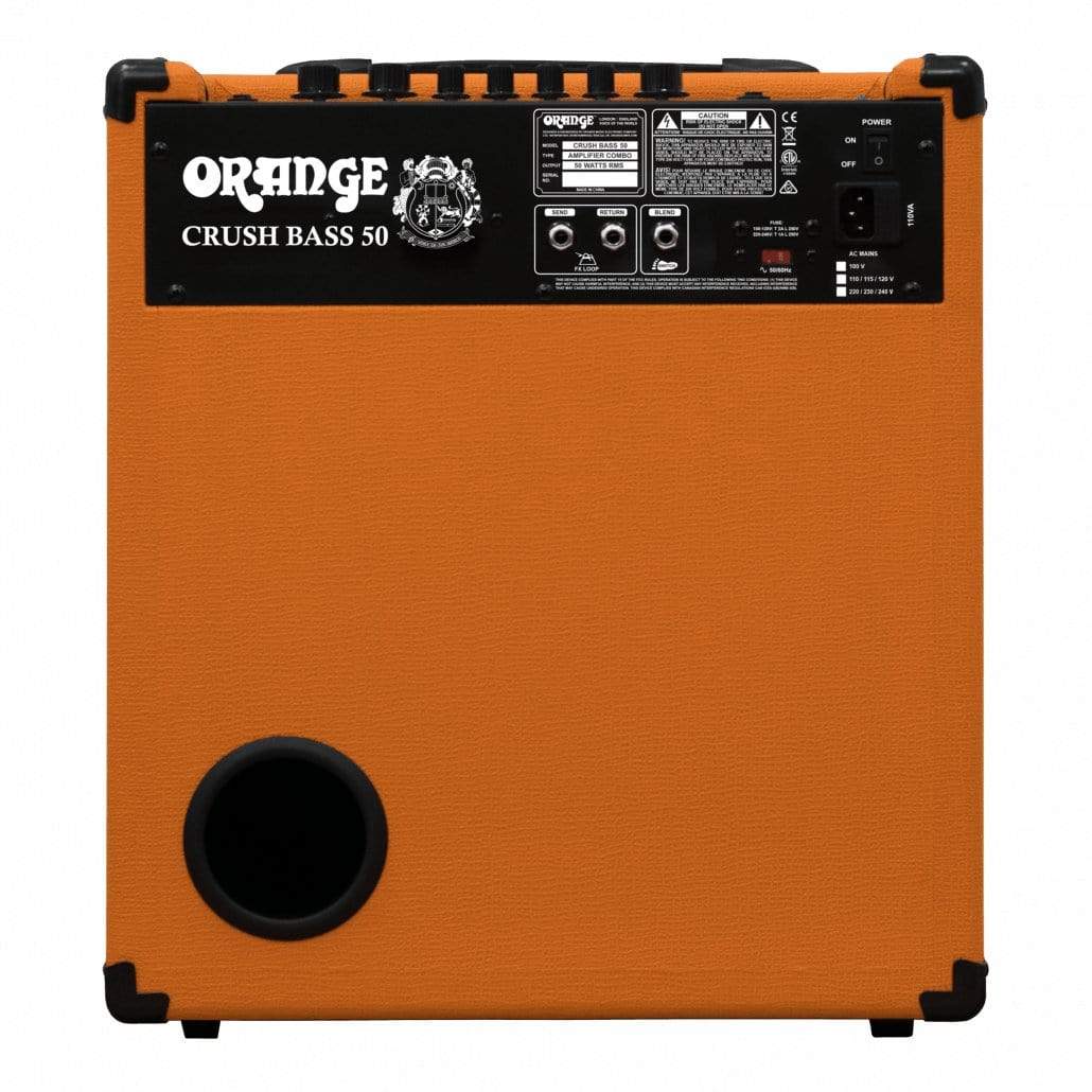 Orange Crush Bass 50 - 1x12 50W Bass Combo with black and white emblem, featuring active EQ, blend controls, and integrated tuner.