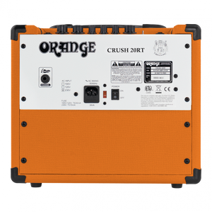 Rear panel of Orange Crush 20RT - 20-watt 1x8 Combo Amp, showing logo, AC selector, mains inlet, channel-switch jack, and safety labels.