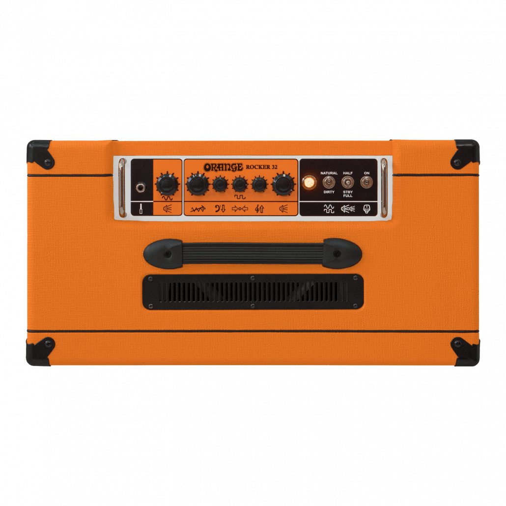 Orange Rocker 32 - 30-watt 2x10 Stereo Tube Combo with visible knobs and switches for versatile pedalboard integration and rich sound delivery.