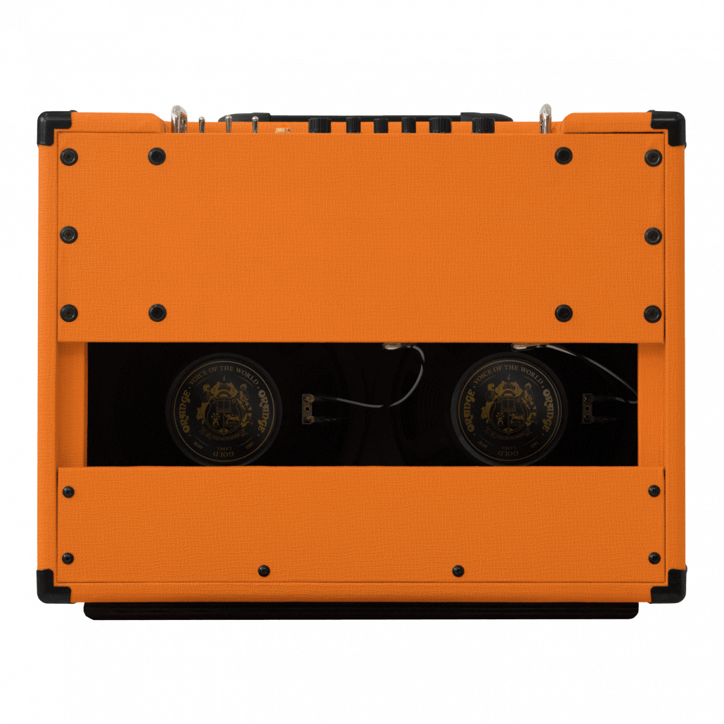 Orange Rocker 32, a 30-watt 2x10 stereo tube guitar amp combo, featuring dual speakers and control knobs, ideal for pedalboards.