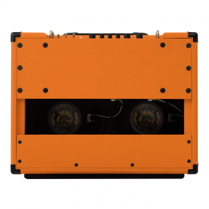 Orange Rocker 32, a 30-watt 2x10 stereo tube guitar amp combo, featuring dual speakers and control knobs, ideal for pedalboards.