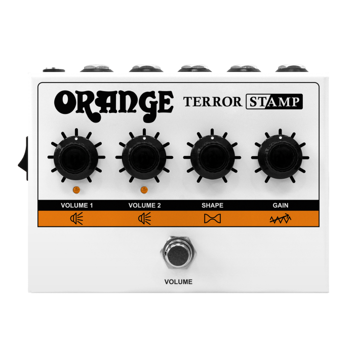 Orange Terror Stamp pedal with black knobs, compact design, and text indicating features. Hybrid amp with 20W power, FX loop, and headphone output.