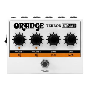 Orange Terror Stamp pedal with black knobs, compact design, and text indicating features. Hybrid amp with 20W power, FX loop, and headphone output.