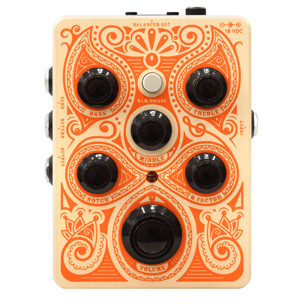 Orange Acoustic Pedal with black knobs, compact design, and multiple outputs, featuring low-noise JFET circuit and advanced EQ for acoustic instruments.