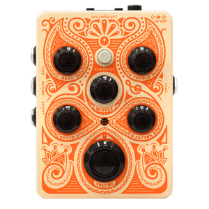 Orange Acoustic Pedal with black knobs, compact design, and multiple outputs, featuring low-noise JFET circuit and advanced EQ for acoustic instruments.