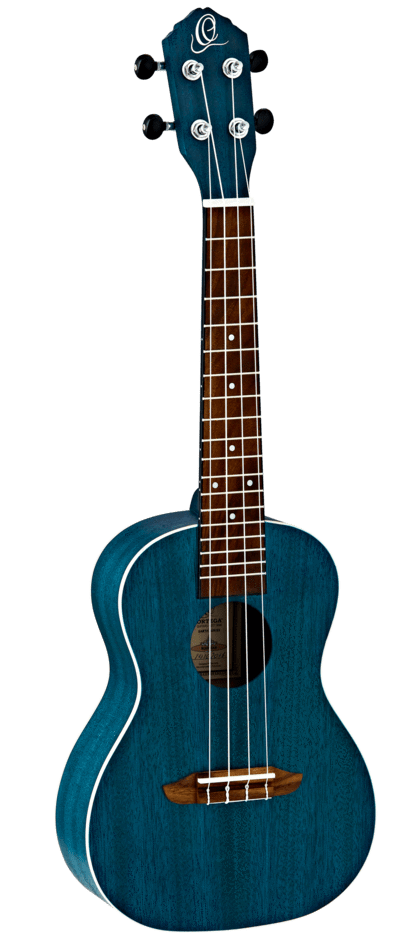 Ortega Concert Ukulele, Ocean Blue with white dots, features Okoume body and neck, walnut fingerboard, and 18 frets. Ideal for beginners.