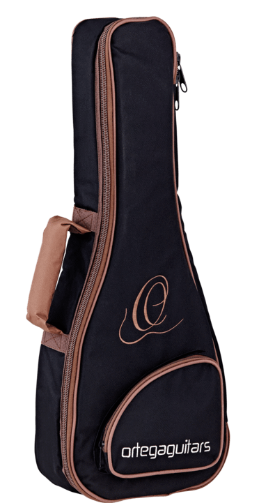Ortega Ukulele Concert Gig Bag featuring a black and tan design, thick padding, heavy-duty zippers, padded handle, and accessories compartment.