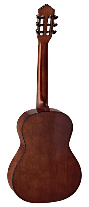 Ortega Student Series 3/4 Size Acoustic Guitar, close-up showcasing spruce top, mahogany neck, and 18 frets, ideal for beginners.