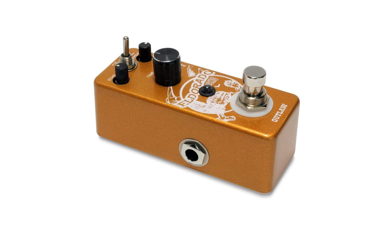 Close-up of the Outlaw Eldorado 3-Mode Echo Delay Guitar Pedal showcasing its precise digital repeat controls and footswitch.