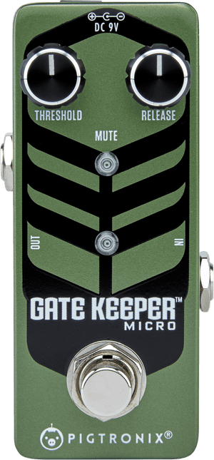 Close-up of the Pigtronix Gatekeeper Micro Noise Gate Pedal, highlighting the Threshold and Release knobs for precise noise control.