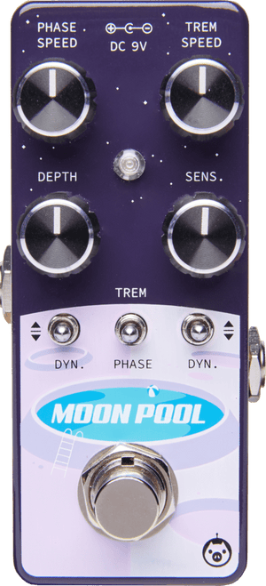 Close-up of the Pigtronix Moon Pool Tremvelope Phaser, showing its dials and controls for phase speed, trem speed, depth, and sensitivity adjustments.