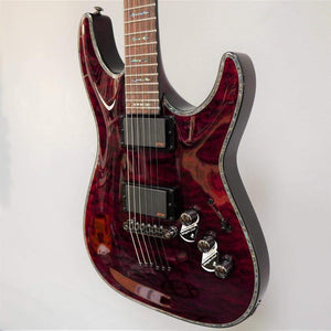 Schecter Hellraiser C-1 Black Cherry Electric Guitar, featuring a black cherry finish, displayed on a wall.