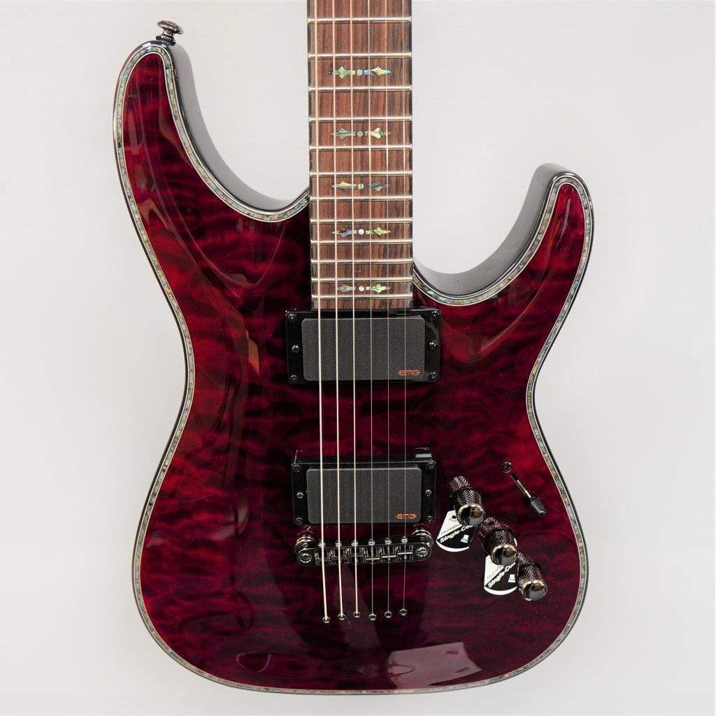 Schecter Hellraiser C-1 Black Cherry (BCH) electric guitar close-up, highlighting strings, neck, and detailed craftsmanship ideal for rock and metal enthusiasts.