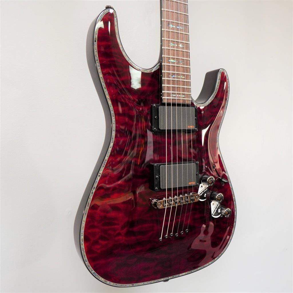 Schecter Hellraiser C-1 Black Cherry (BCH) electric guitar with detailed close-up of strings and body, perfect for rock and metal enthusiasts.