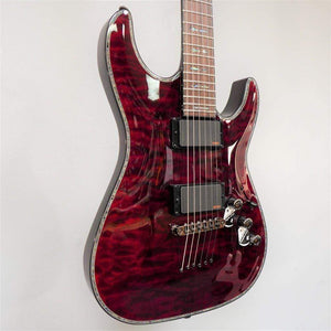 Schecter Hellraiser C-1 Black Cherry (BCH) electric guitar with detailed close-up of strings and body, perfect for rock and metal enthusiasts.