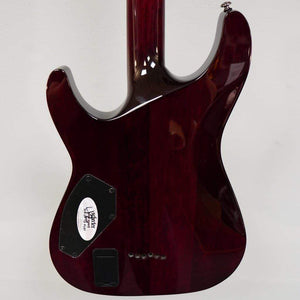 Schecter Hellraiser C-1 Black Cherry Electric Guitar, close-up of strings, body, and unique gothic cross inlays, offering superior playability for rock and metal enthusiasts.