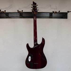 Schecter Hellraiser C-1 Black Cherry (BCH) electric guitar on display, highlighting its sleek design, gothic cross inlays, and black chrome hardware.