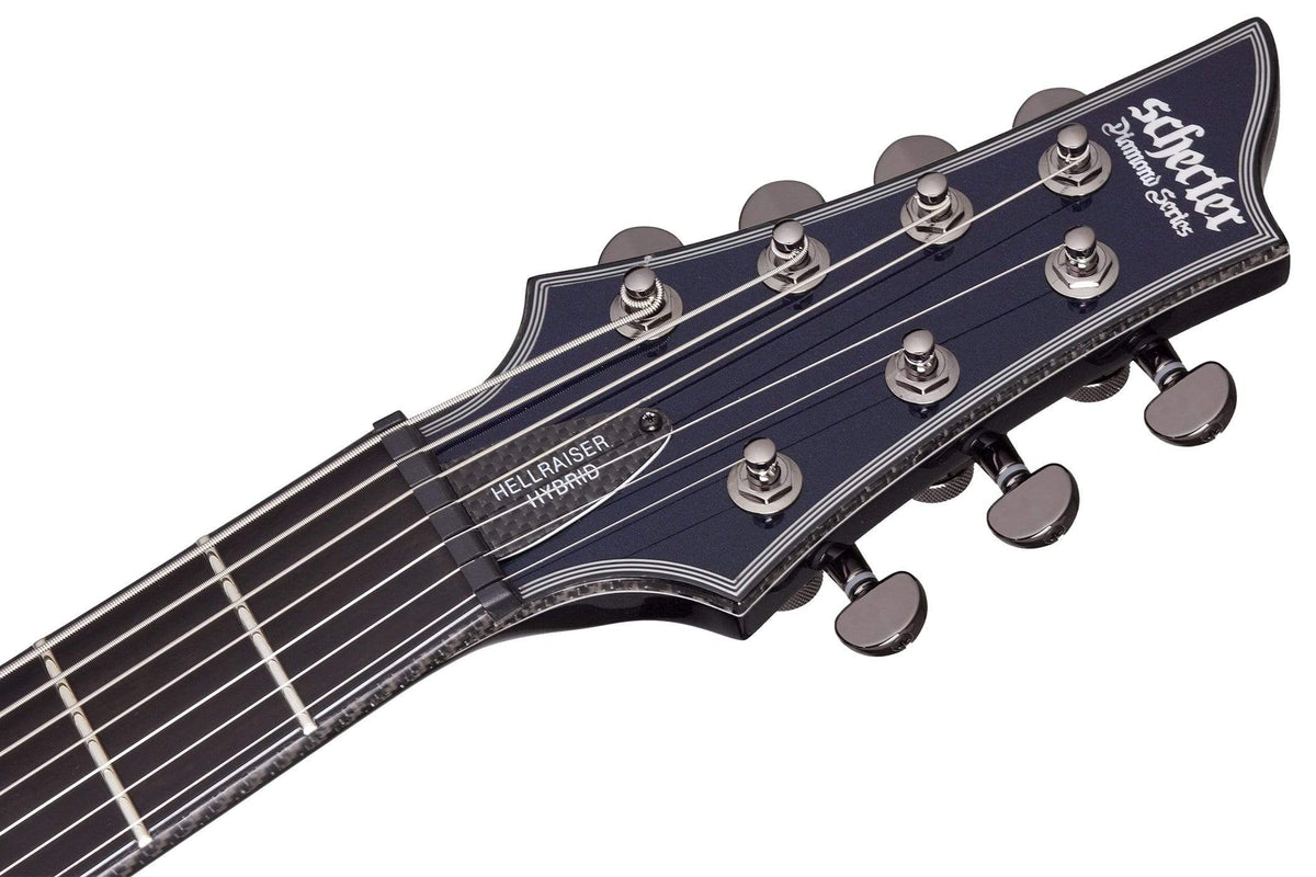 Close-up of the Schecter Hellraiser Hybrid PT Ultra Violet guitar, highlighting its strings, pickups, and bridge.