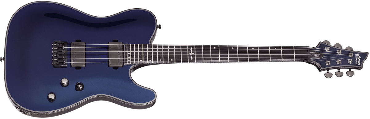 Schecter Hellraiser Hybrid PT Ultra Violet electric guitar with black strings, EMG pickups, and Hipshot Hardtail Bridge, ideal for hard rock and versatile playing.
