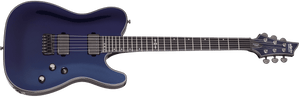Schecter Hellraiser Hybrid PT Ultra Violet electric guitar with black strings, EMG pickups, and Hipshot Hardtail Bridge, ideal for hard rock and versatile playing.
