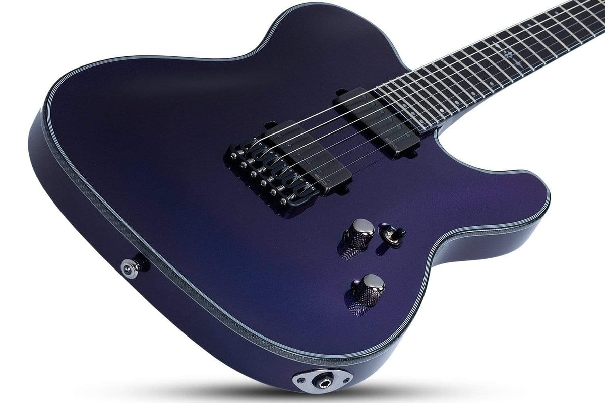 Close-up of Schecter Hellraiser Hybrid PT Ultra Violet guitar, highlighting strings, pickups, and bridge. Ideal for hard rock, featuring EMG pickups and Hipshot Hardtail Bridge.