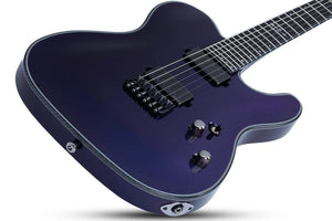 Close-up of Schecter Hellraiser Hybrid PT Ultra Violet guitar, highlighting strings, pickups, and bridge. Ideal for hard rock, featuring EMG pickups and Hipshot Hardtail Bridge.
