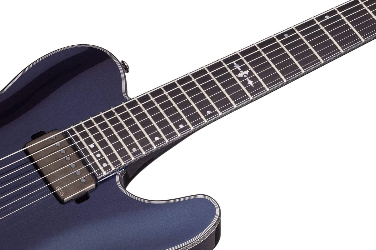 Close-up of the Schecter Hellraiser Hybrid PT Ultra Violet guitar's strings and bridge, highlighting its high-quality craftsmanship and detailed components.
