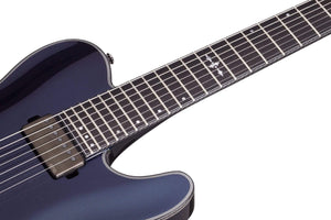 Close-up of the Schecter Hellraiser Hybrid PT Ultra Violet guitar's strings and bridge, highlighting its high-quality craftsmanship and detailed components.