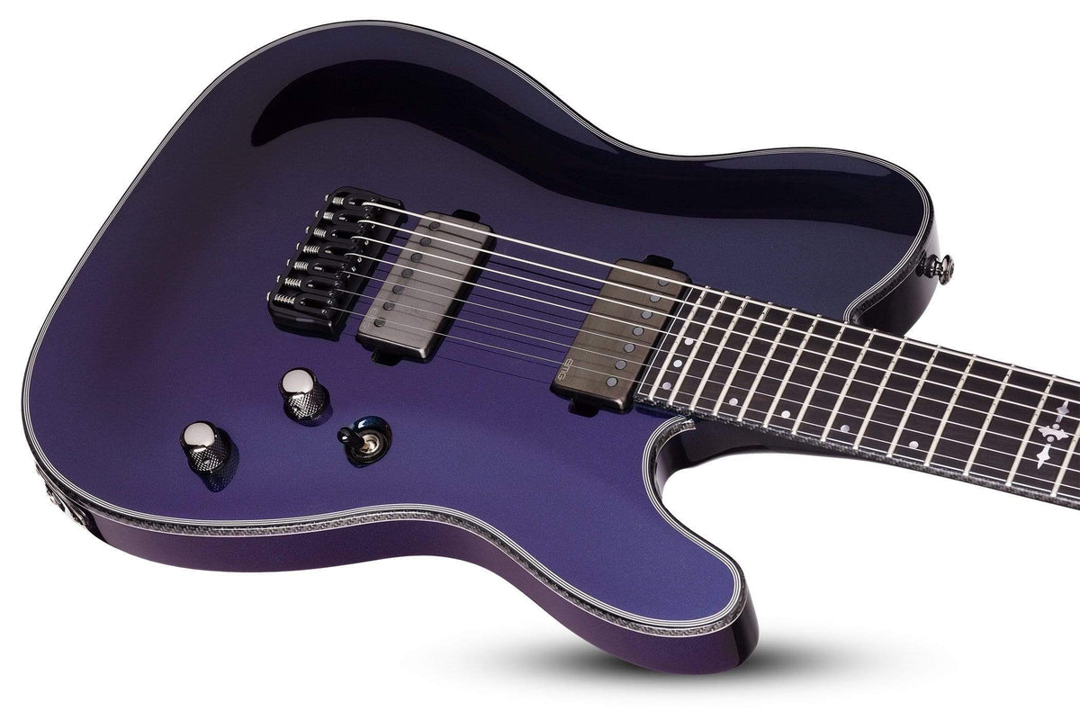 Schecter Hellraiser Hybrid PT Ultra Violet, featuring multiple strings, close-up views of neck and body, with EMG pickups and Hipshot Hardtail Bridge.
