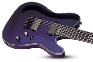 Schecter Hellraiser Hybrid PT Ultra Violet, featuring multiple strings, close-up views of neck and body, with EMG pickups and Hipshot Hardtail Bridge.
