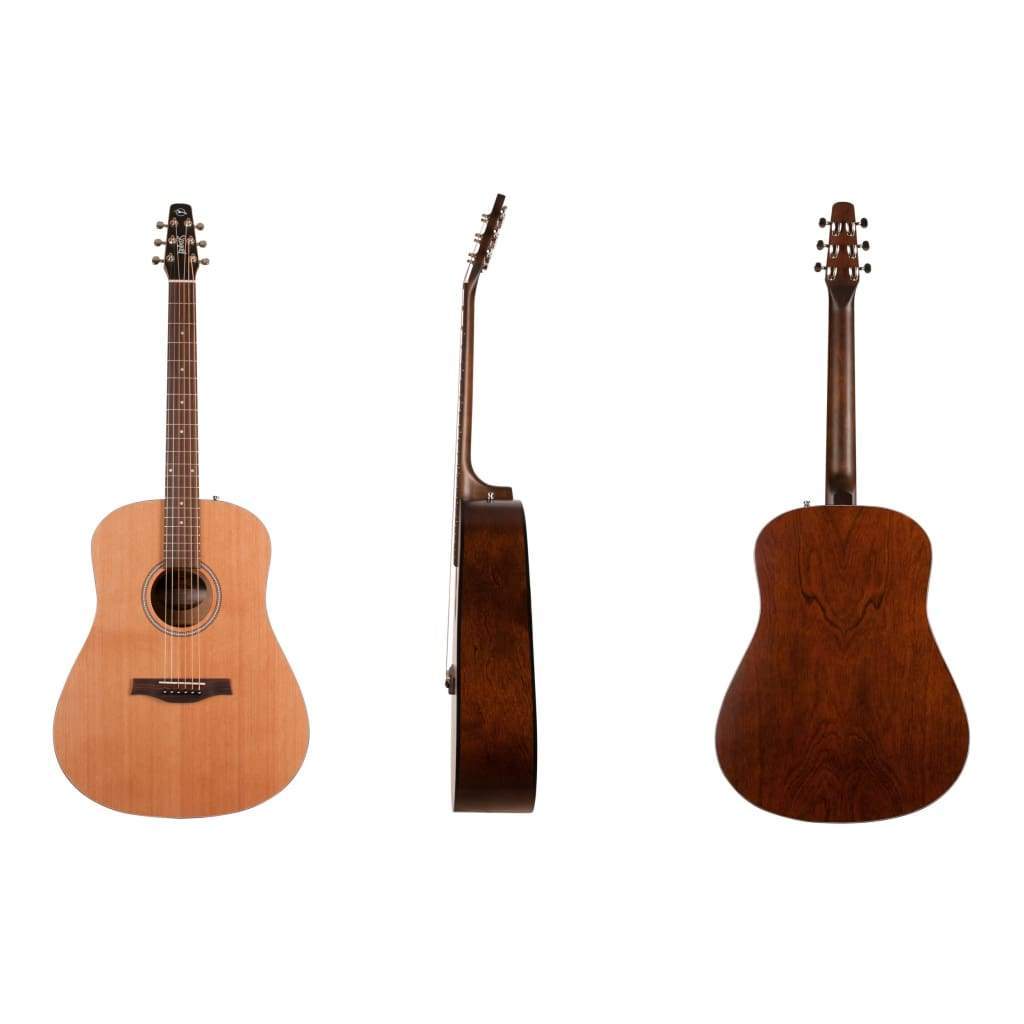 Three views of the Seagull S6 Original Left Handed Acoustic Guitar (Blemished) by Seagull: a light cedar top with six strings and sound hole, a side profile, and a back view showing darker wood grain.