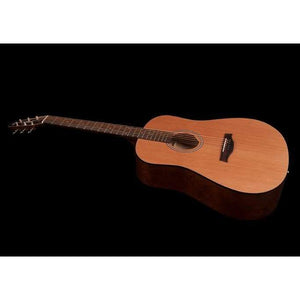 A full view of the Seagull S6 Original Left Handed Acoustic Guitar (Blemished) by Seagull, featuring a cedar top and dark fretboard, is shown against a solid black background.