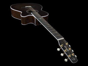 The Seagull Artist Mosaic CH CW Acoustic-Electric Guitar in Bourbon Burst is shown at an angle on a black background, highlighting its cutaway body, strings, frets, tuning pegs, and glossy finish. Includes TRIC case.
