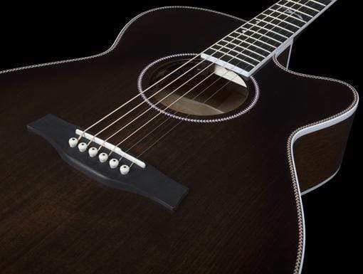 A close-up of the Seagull Artist Mosaic CH CW Acoustic-Electric Guitar in Bourbon Burst shows six strings, a cutaway body, and white edging along the neck and body against a black background.