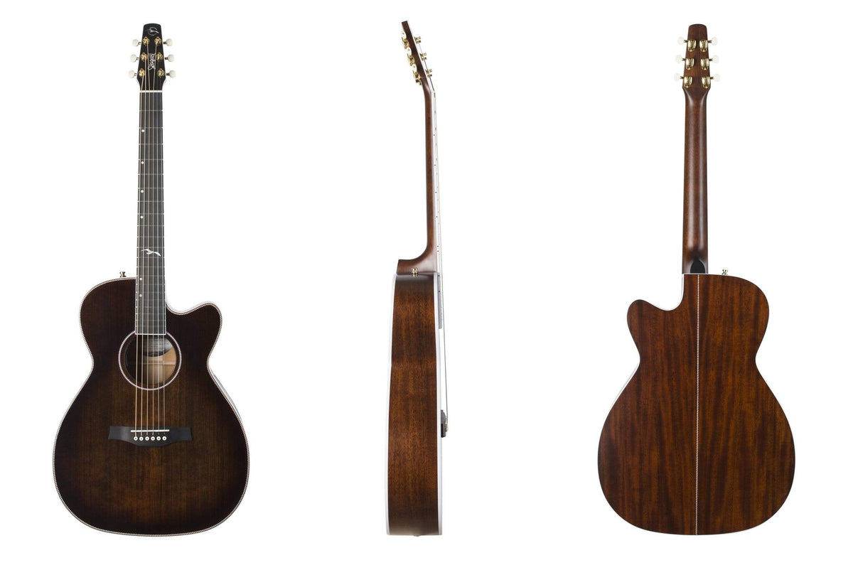 Three views of the Seagull Artist Mosaic CH CW Acoustic-Electric Guitar - Bourbon Burst (with TRIC Case) by Seagull: front with strings and sound hole, side showing body thickness, and back highlighting wood grain and tuning pegs.