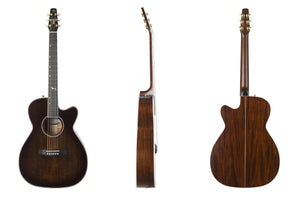 Three views of the Seagull Artist Mosaic CH CW Acoustic-Electric Guitar - Bourbon Burst (with TRIC Case) by Seagull: front with strings and sound hole, side showing body thickness, and back highlighting wood grain and tuning pegs.