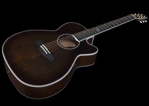 A Seagull Artist Mosaic CH CW Acoustic-Electric Guitar in Bourbon Burst, with cutaway body and white edging, is shown against a black background.