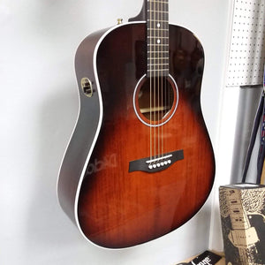 Seagull Maritime SWS Mahogany Burnt Umber GT QIT Acoustic Guitar mounted on display, highlighting its solid wood construction and elegant finish.