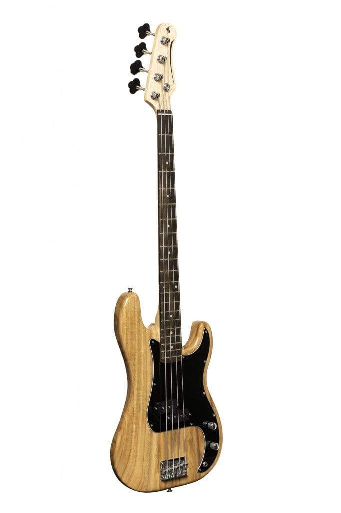 Close-up of a Stagg SBP-30 electric bass guitar showcasing its strings, pickups, and controls.