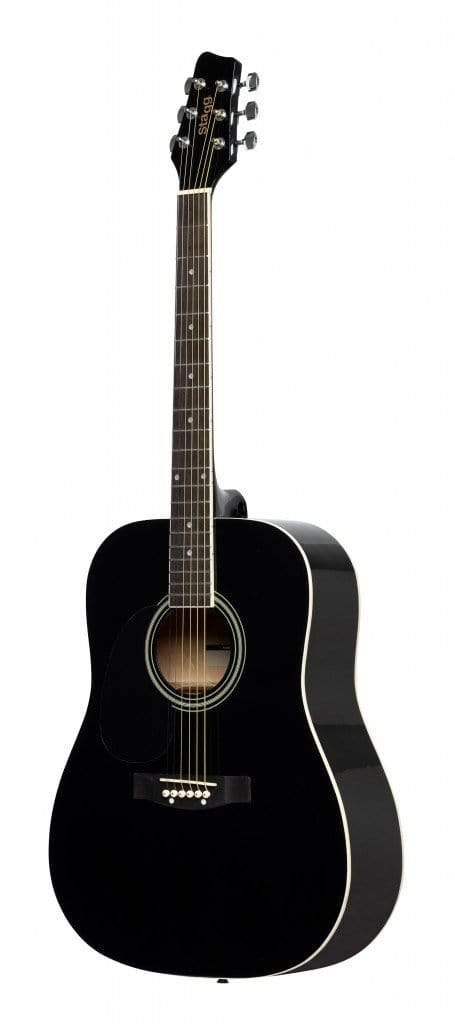 Stagg SA20D LH Left-Handed Dreadnought Acoustic Guitar showcasing basswood body, black stained maple neck and fingerboard, and high-gloss finish.
