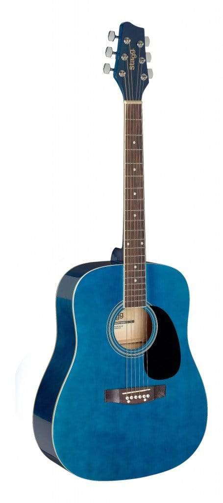 Stagg SA20D 3/4 Dreadnought Acoustic Guitar, featuring basswood top, back, and sides, with a poplar fingerboard and bridge, and open gear nickel machine heads.