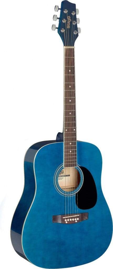 Stagg SA20D Blue Dreadnought Acoustic Guitar with rich sound, perfect for beginners, displayed prominently.