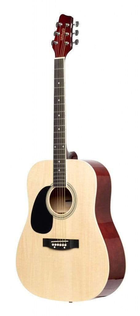 Stagg SA20D LH Left-Handed Dreadnought Acoustic Guitar with basswood top, black stained maple fingerboard, and highgloss finish.