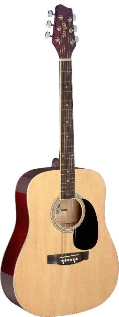 Stagg SA20D NAT DREADNOUGHT acoustic guitar on a stand, showcasing its classic dreadnought body shape and natural finish.