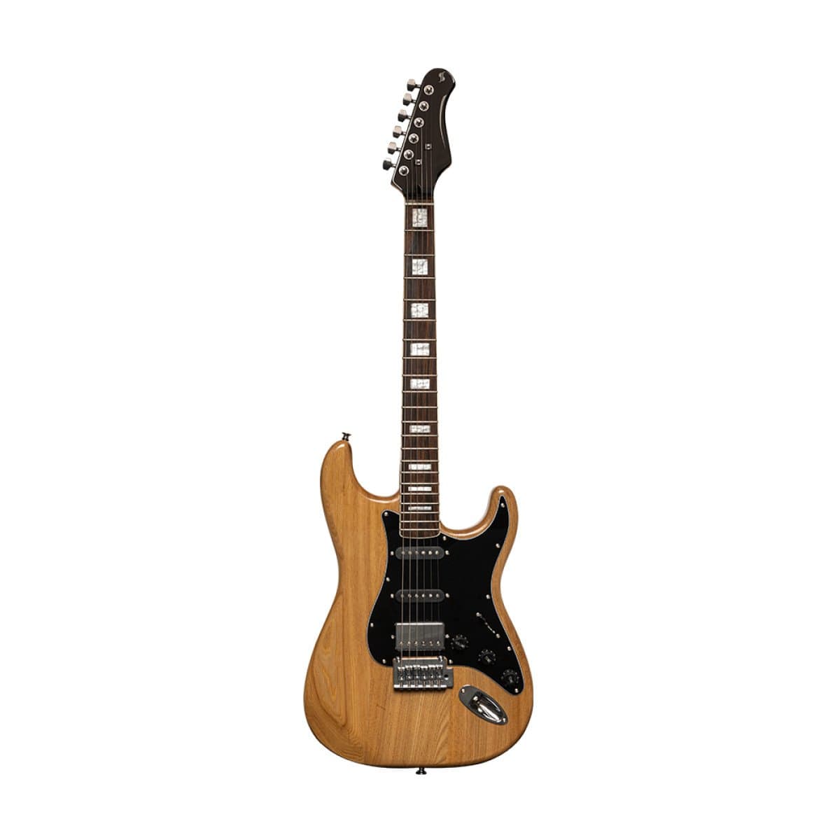 Close-up of the Stagg SES-60 Natural S Style electric guitar, highlighting its solid alder body and roasted maple neck with rosewood fingerboard.
