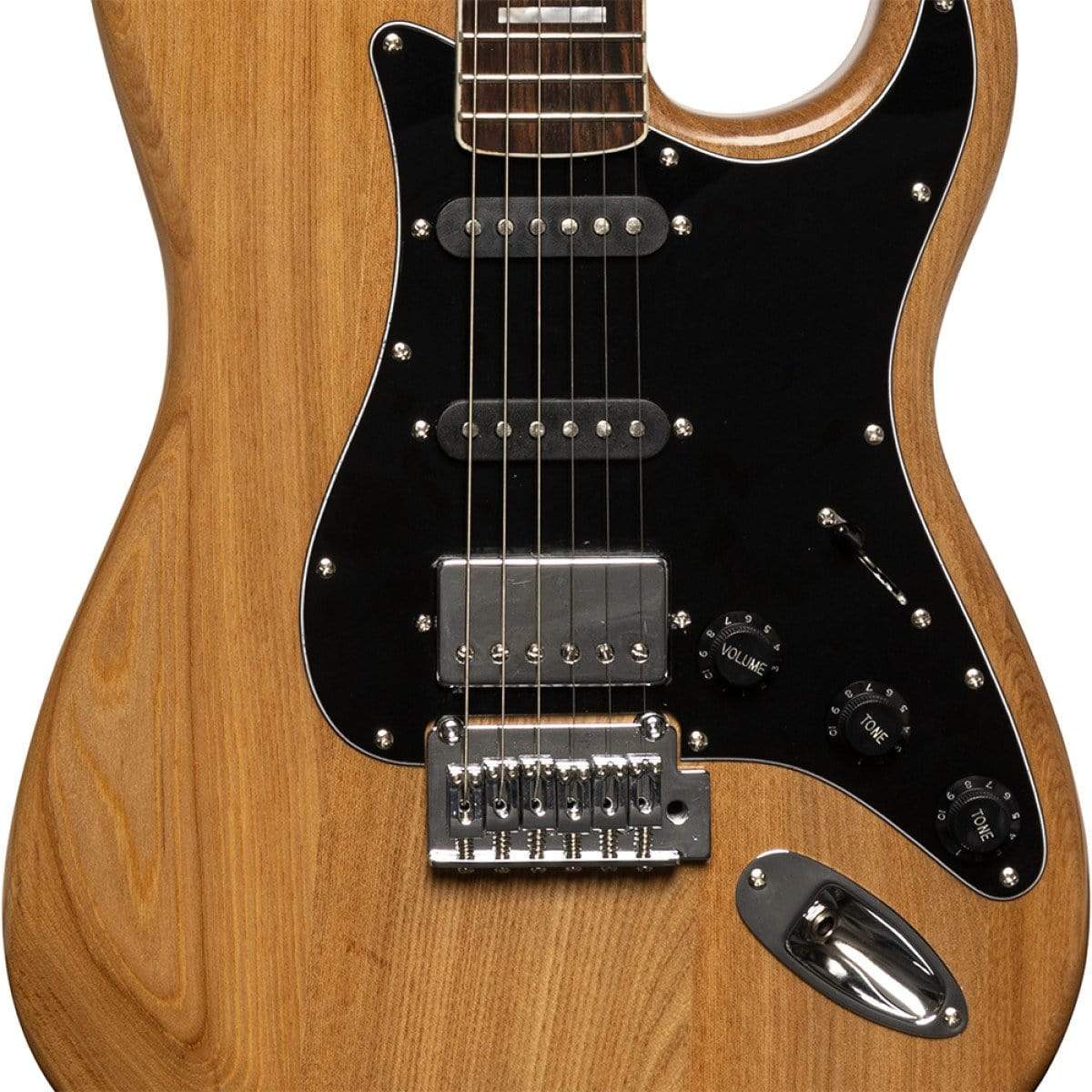 Close-up of the Stagg SES-60 Natural S Style electric guitar, showcasing strings, pickups, and roasted maple neck with rosewood fingerboard.