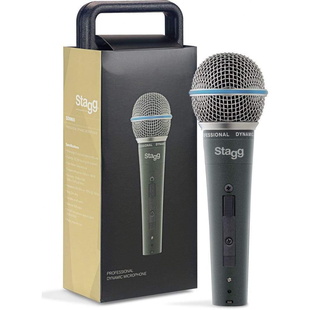 The Stagg SDM60 Professional Cardioid Dynamic Microphone stands upright beside its box, which features an image and specifications, showcasing the Stagg brand—ideal for source content or previous analysis needs.