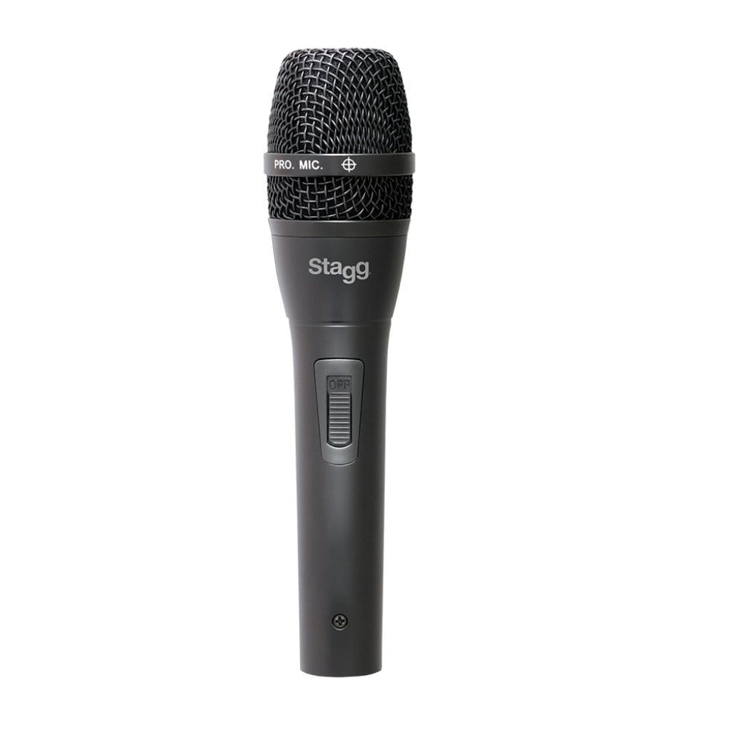 Stagg SDM80 Professional Dynamic Microphone, close-up view, showcasing the black zinc alloy body and vent, ideal for vocals and instruments.