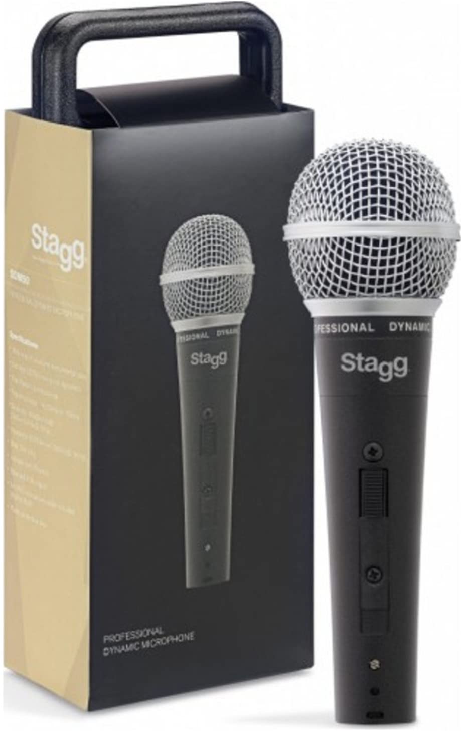 Stagg SDM50 Professional Dynamic Microphone in box, ideal for vocals and instruments, featuring DC78 moving coil, cardioid pattern, and 50 Hz to 15 KHz frequency response.