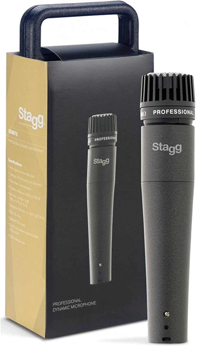 Stagg SDM70 Professional Dynamic Microphone, pair in box, close-up view. Unidirectional, 50Hz-15KHz frequency response, ideal for musicians and vocal performances.